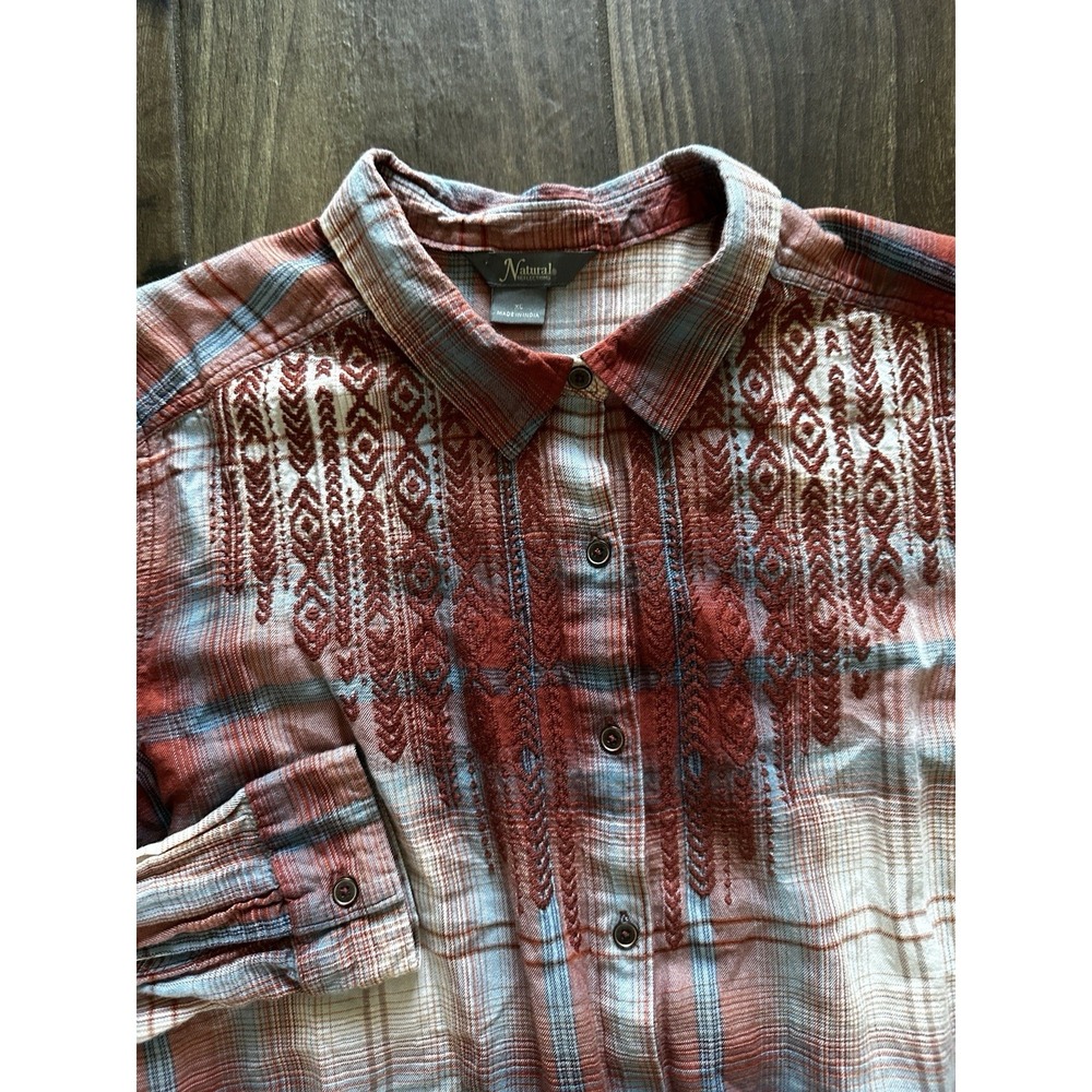 Natural Reflections Shirt Women XL Maroon White Plaid Flannel Button Embroidered